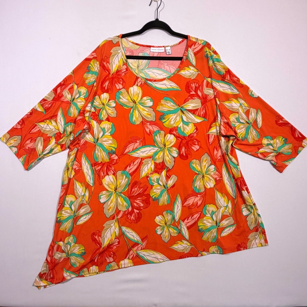 Susan Graver Floral Tunic Women 3X Orange Asymmetrical Hem Tropical Boho Blouse